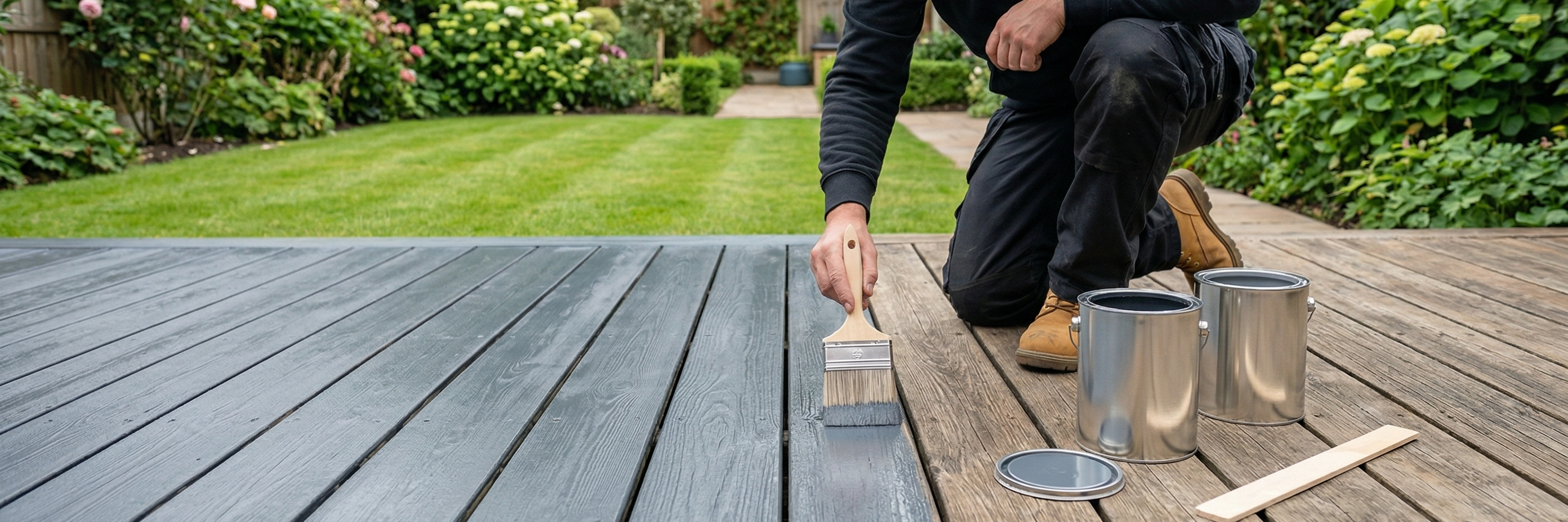Applying a slate-grey water-based acrylic paint to weathered timber decking in a UK garden.