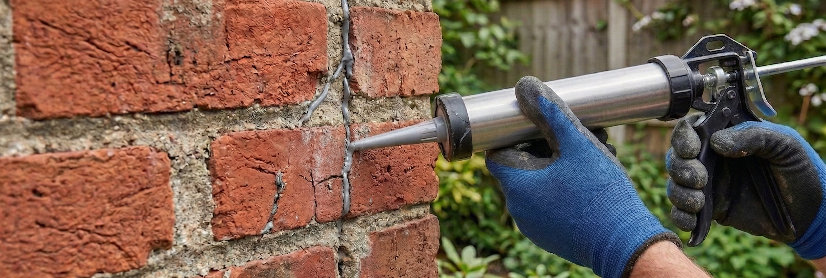Applying flexible grey filler to a hairline crack in a UK red-brick exterior wall.
