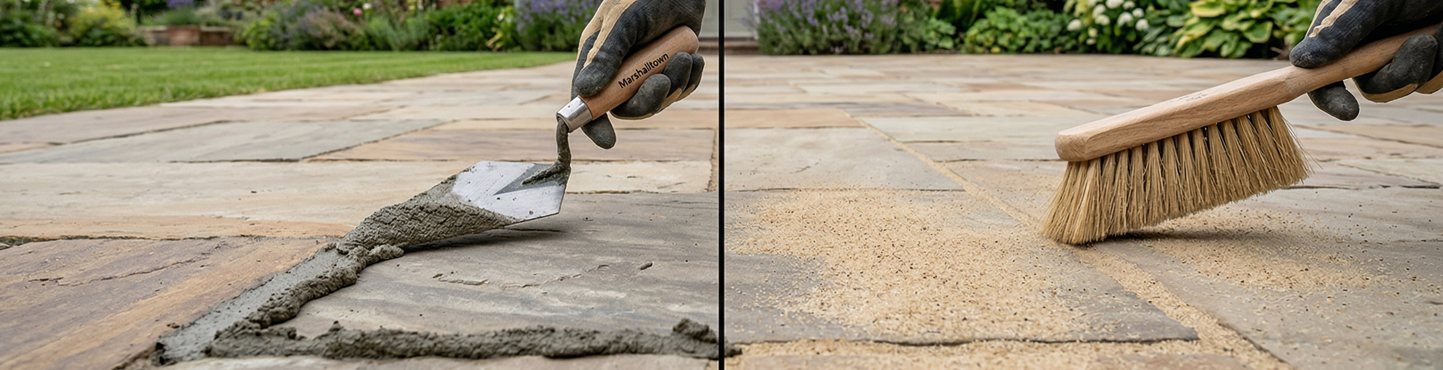 Comparing traditional mortar pointing and modern brush-in jointing compounds on a UK sandstone patio.