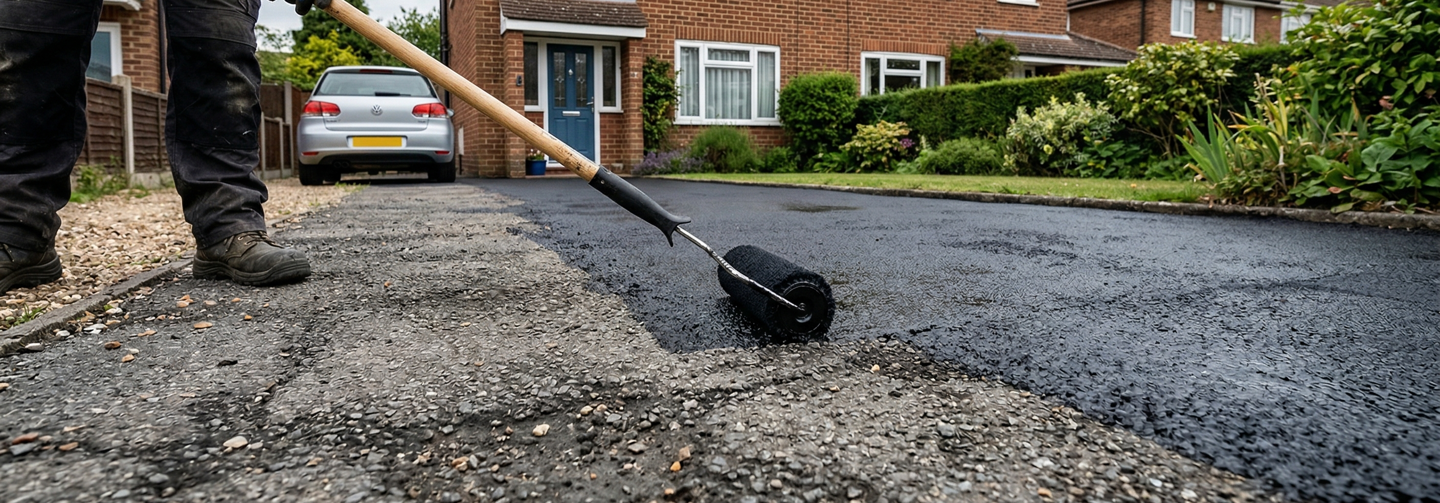 Stabilising a fretting tarmac driveway in the UK by applying a professional black bitumen restorer.
