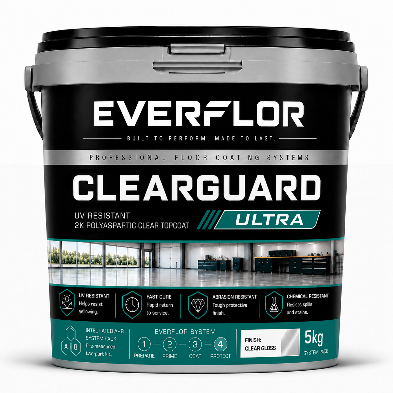 A 5kg bucket of Everflor Clearguard Ultra UV resistant clear topcoat floor paint, featuring a black and silver label with teal accents on a white background.