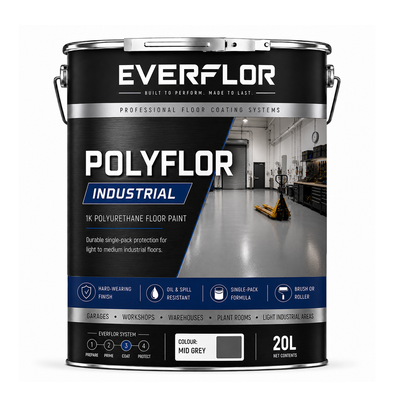 A 20-liter can of Everflor Polyflor Industrial floor paint in the color 'Mid Grey', shown on a clean white background. The can features a black and silver label with blue accents, showcasing product features and a floor coating application photo.