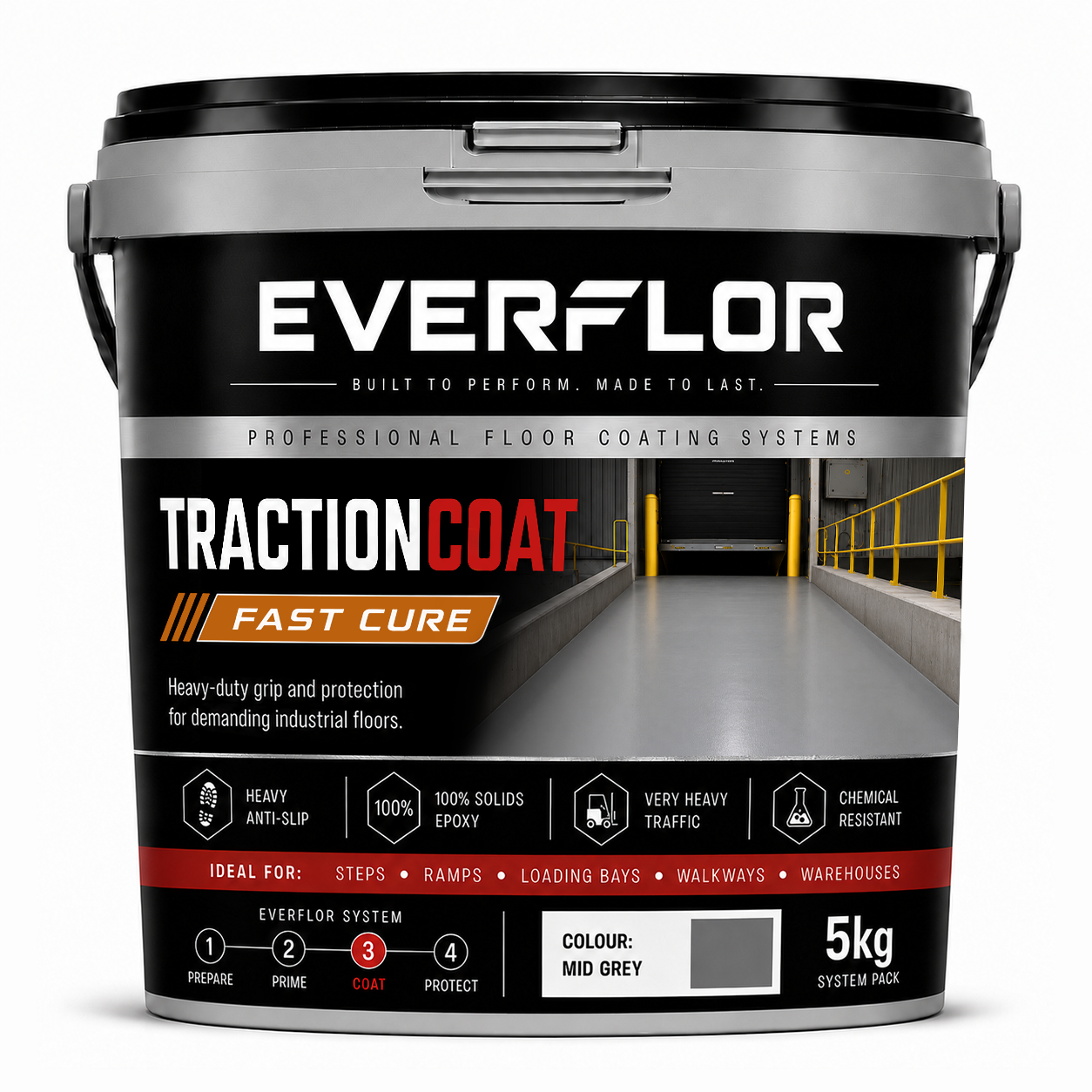 A 5kg bucket of Everflor TractionCoat Original floor coating, shown on a clean white background. The bucket is black with a silver lid and features a label detailing product features, application steps, and a color swatch indicating 'Mid Grey'.