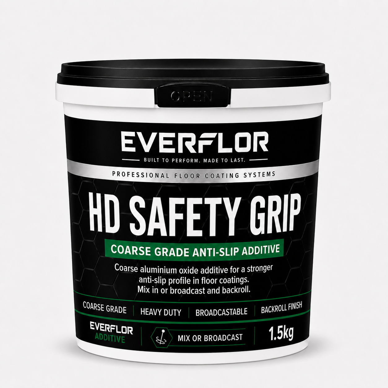 A 1.5kg bucket of Everflor HD Safety Grip Coarse Grade Anti-Slip Additive, featuring a black and white label with green accents, on a light gray background.