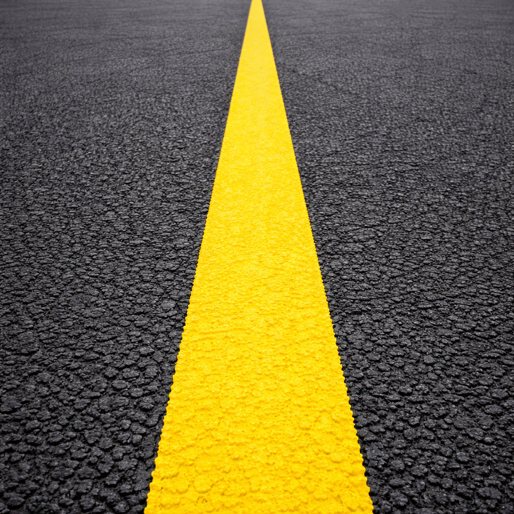 Yellow line on a black asphalt surface