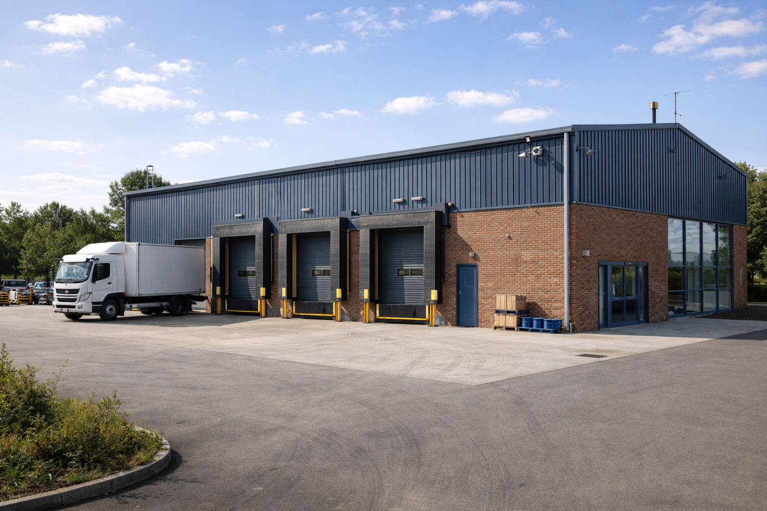 Commercial building with large doors and a truck parked outside on a clear day.