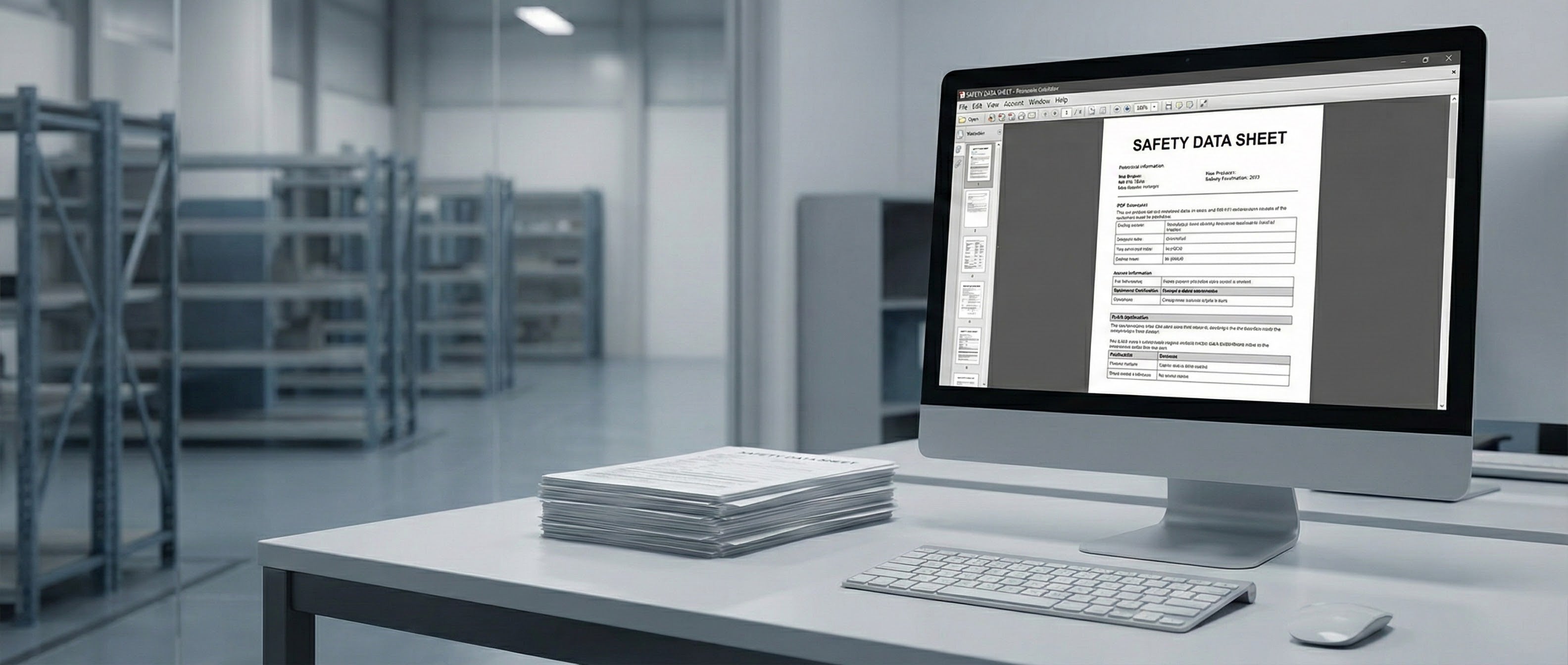 Computer monitor displaying a safety data sheet on a desk in an office setting.