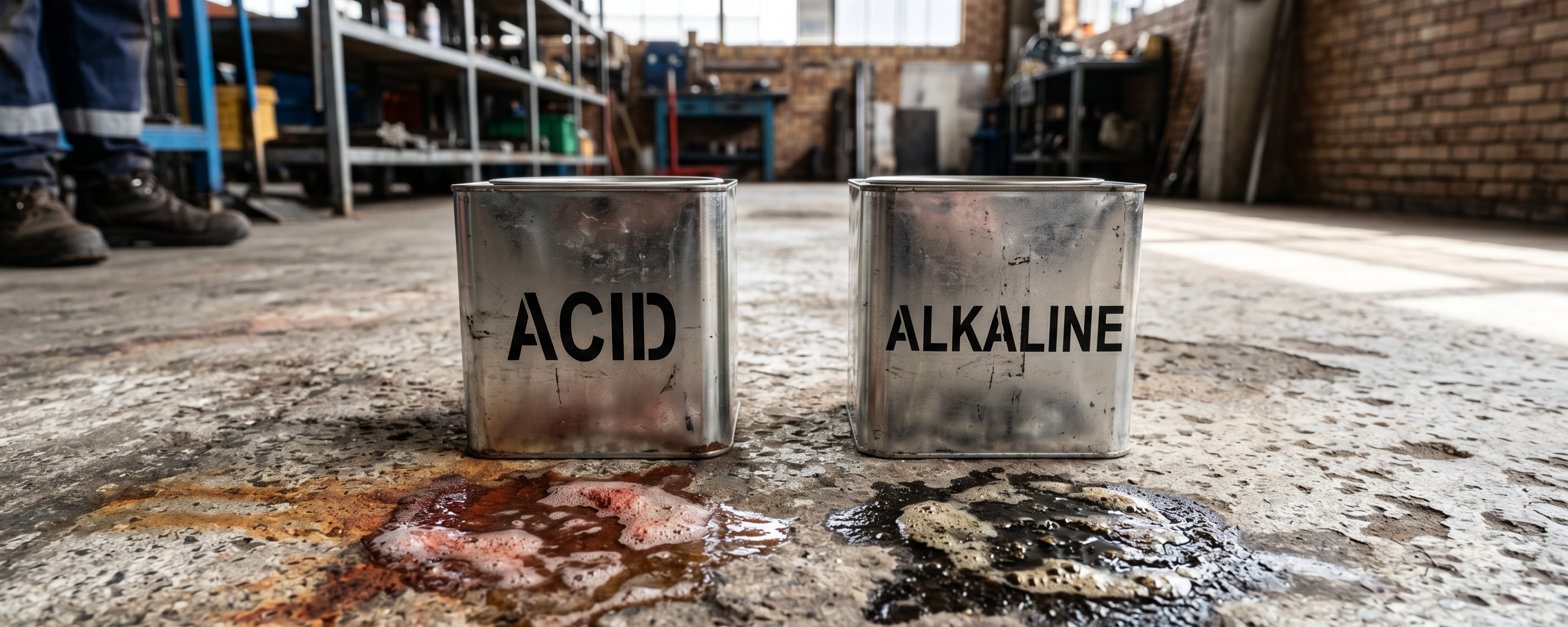 A visual comparison of acid and alkaline chemical cleaners reacting with stains on a concrete surface.