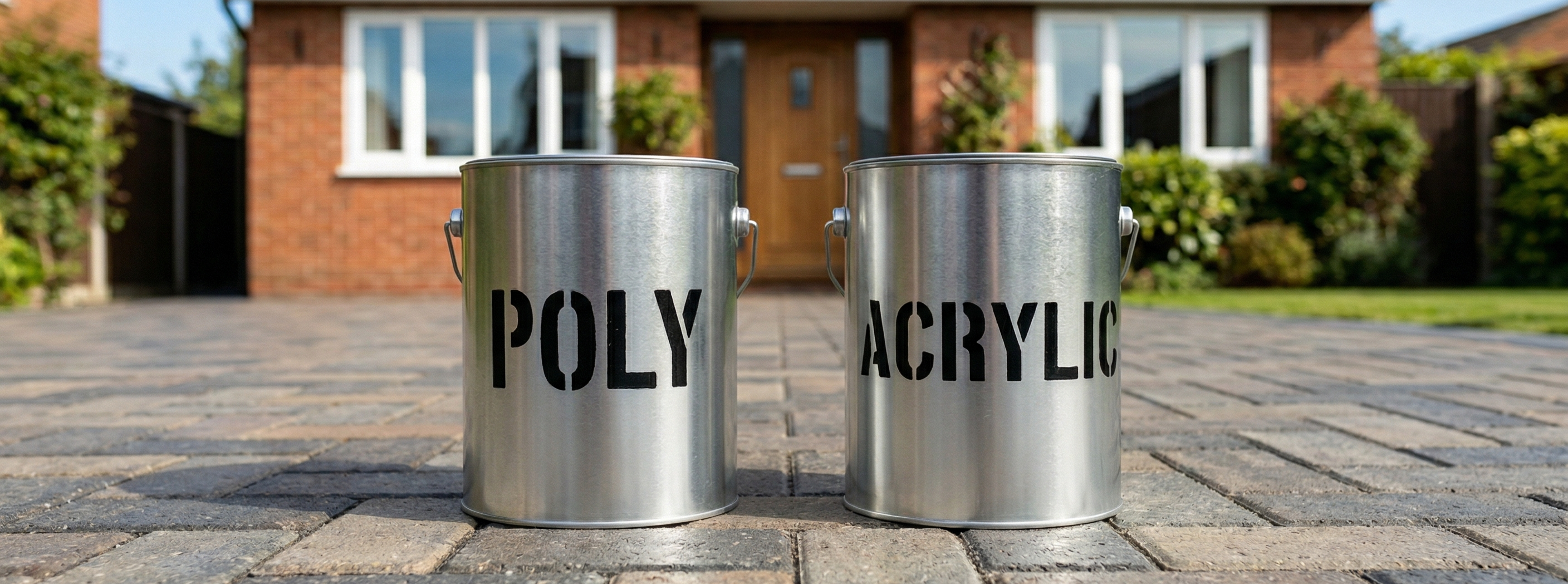 Two tins stenciled with SOLVENT FREE and POLYURETHANE sitting on a sealed block paving driveway.