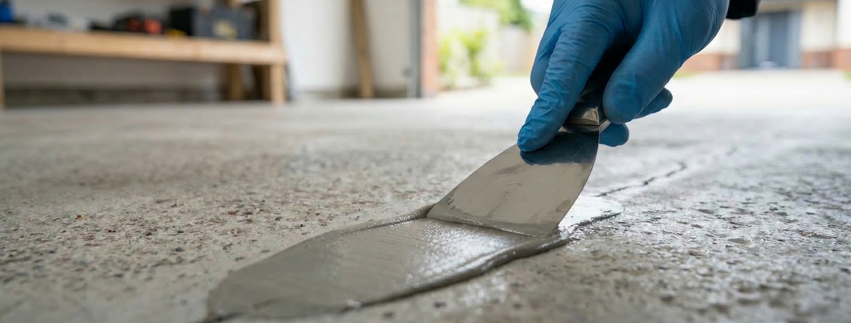 Professional application of concrete patch filler to a floor crack using a stainless steel putty knife.