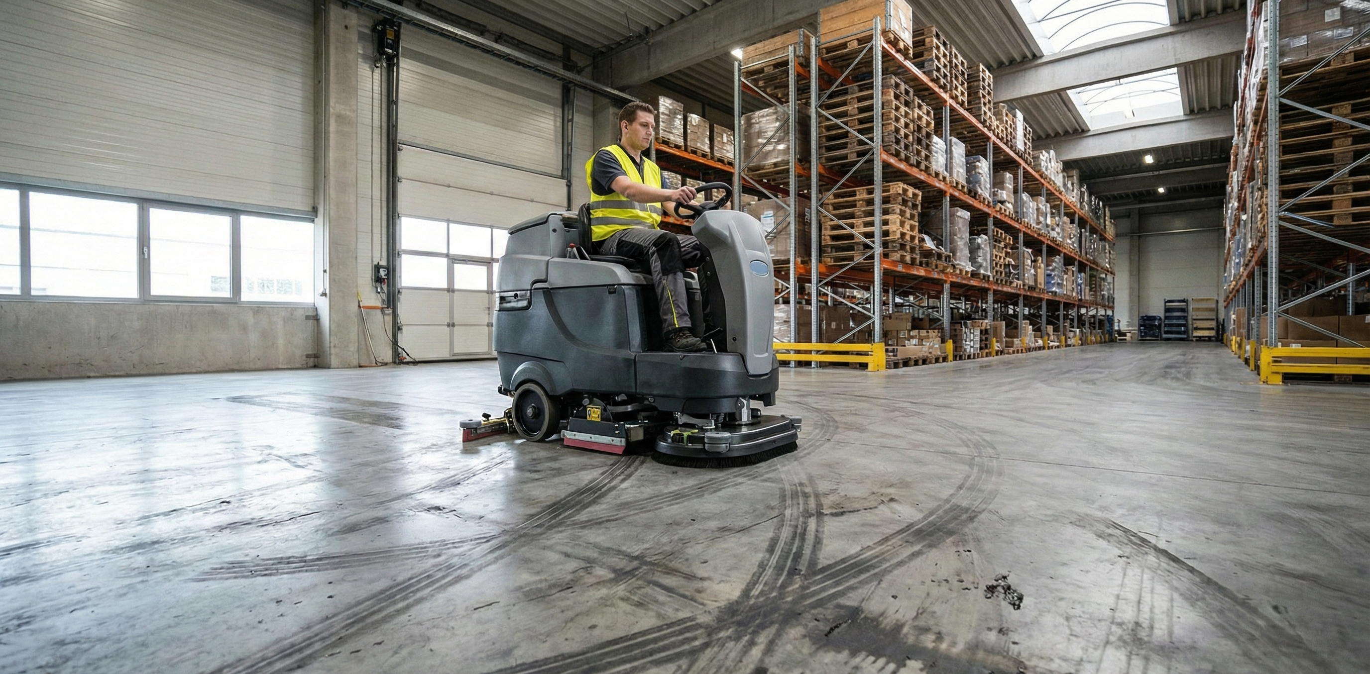 Commercial warehouse floor with visible tire tracks and oil stains needing industrial degreaser