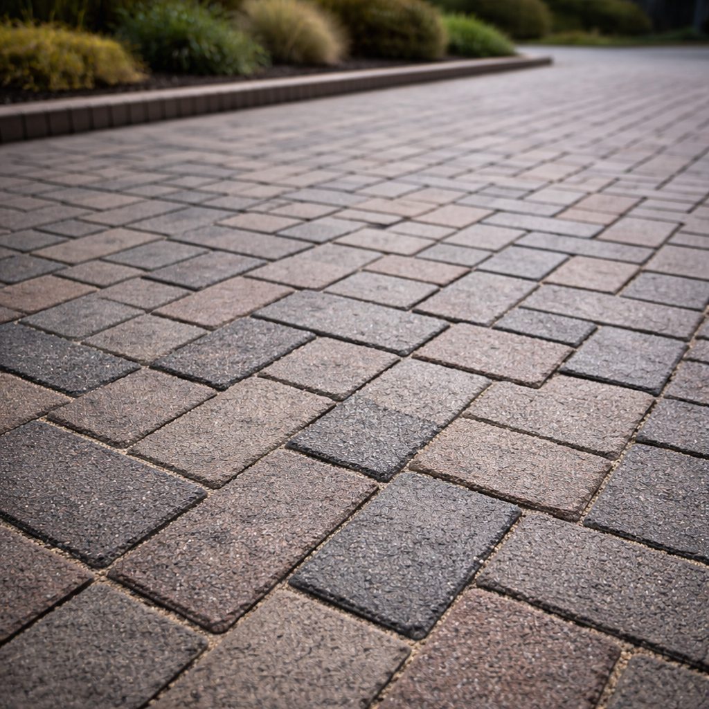 Close-up of a patterned stone driveway with a blurred background