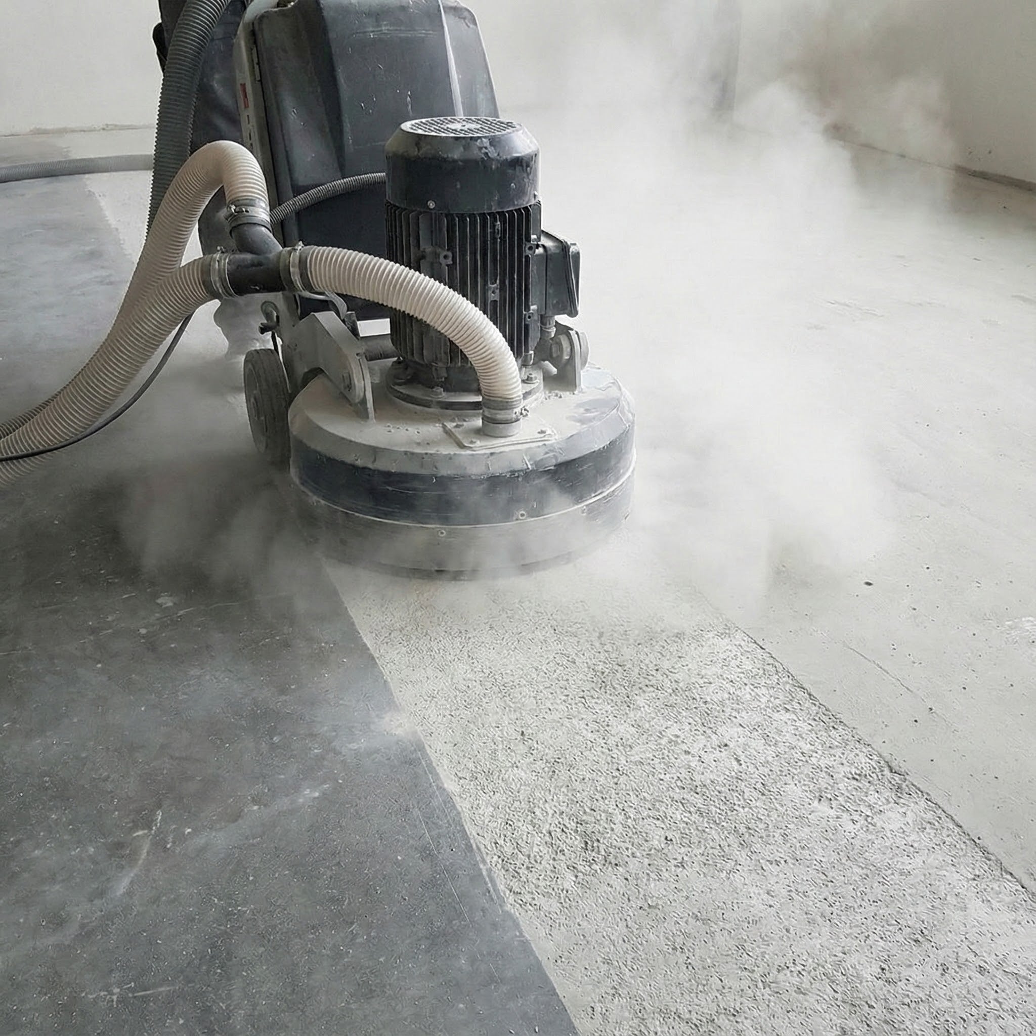 Floor polisher on a concrete floor with dust being generated
