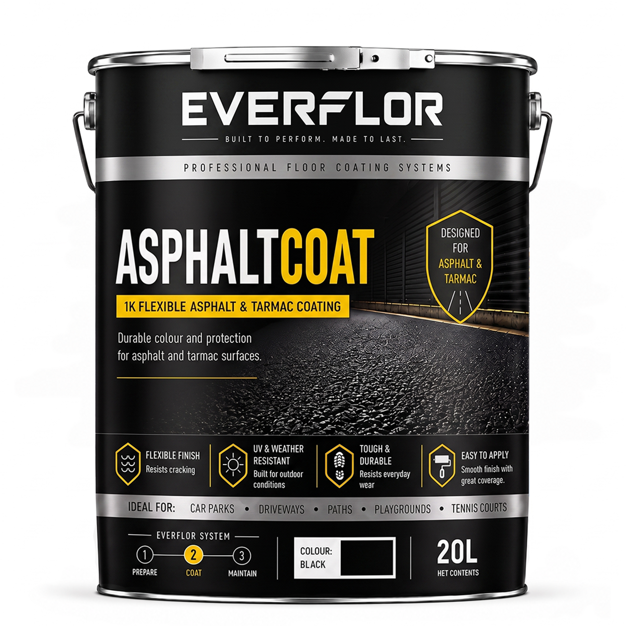 A 20L metal can of Everflor Asphalt Coat 1K Flexible Asphalt & Tarmac Coating in Black, shown on a clean white background.