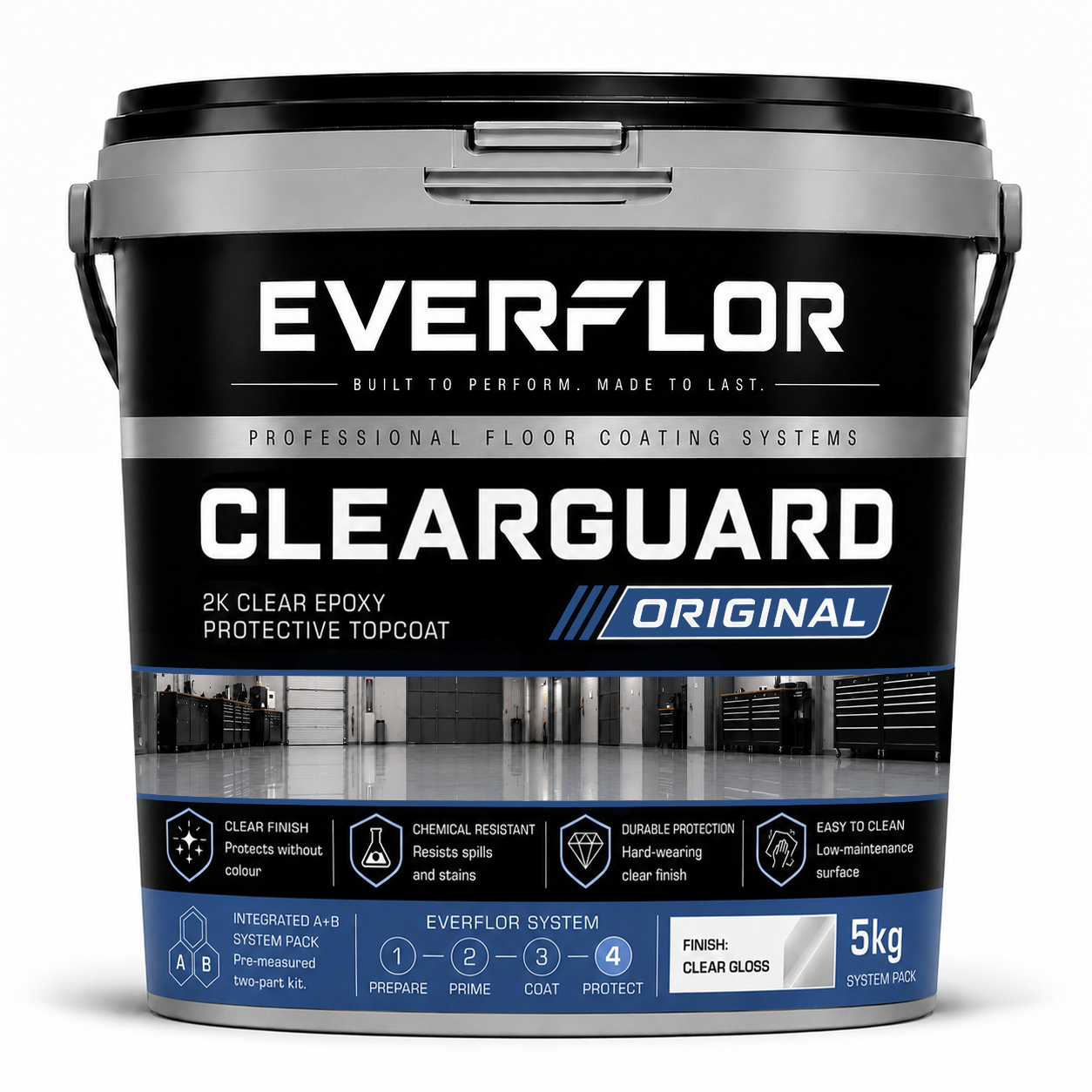 A 5kg bucket of Everflor Clearguard Original 2K Clear Epoxy Protective Topcoat floor coating, featuring a black and silver label with blue accents on a white background.