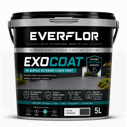 A 5L bucket of Everflor ExoCoat 1K Acrylic Exterior Floor Paint in Charcoal, shown on a clean white background.