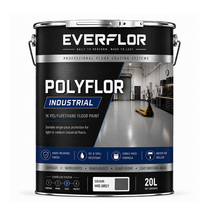 A 20-liter can of Everflor Polyflor Industrial floor paint in the color 'Mid Grey', shown on a clean white background. The can features a black and silver label with blue accents, showcasing product features and a floor coating application photo.