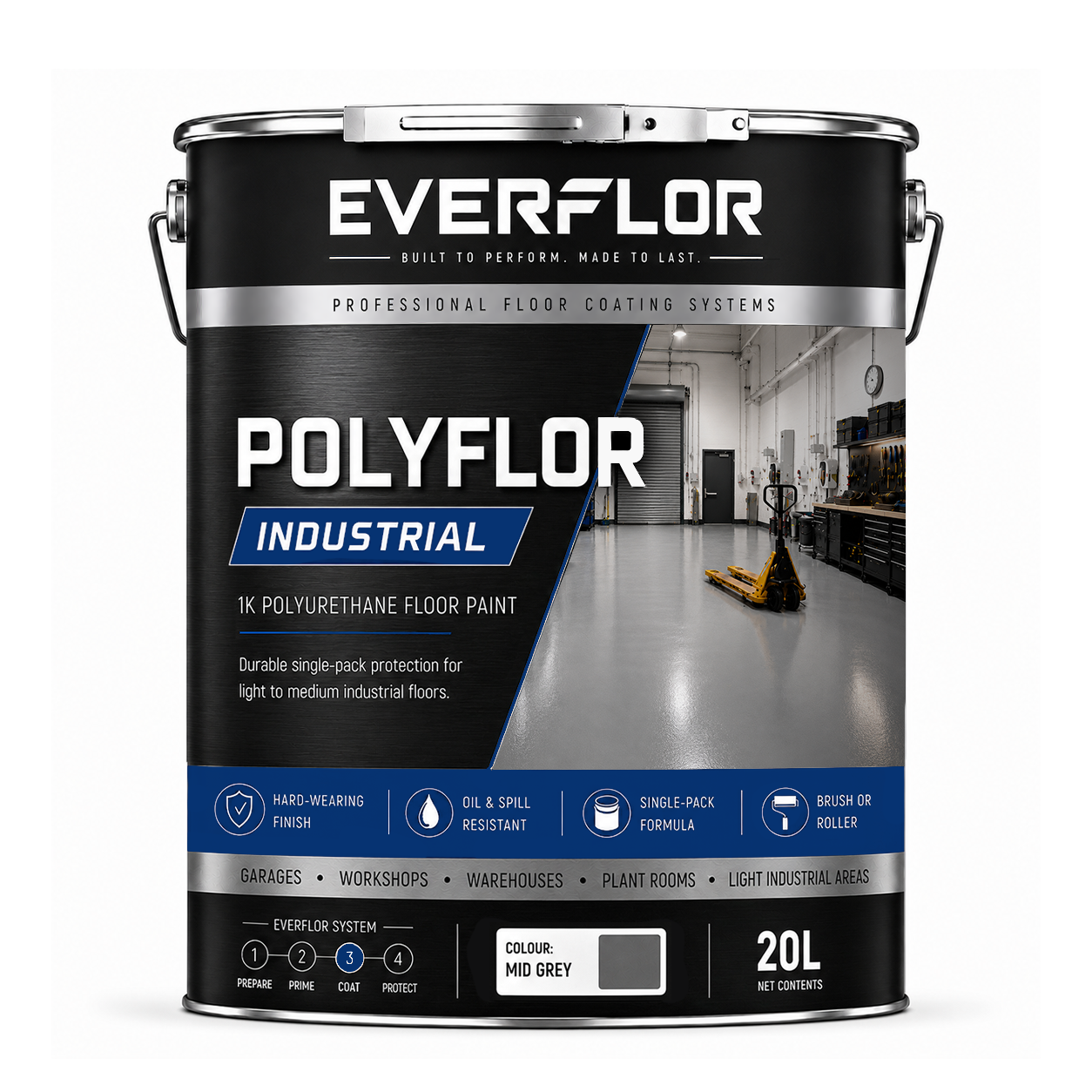 A 20-liter can of Everflor Polyflor Industrial floor paint in the color 'Mid Grey', shown on a clean white background. The can features a black and silver label with blue accents, showcasing product features and a floor coating application photo.