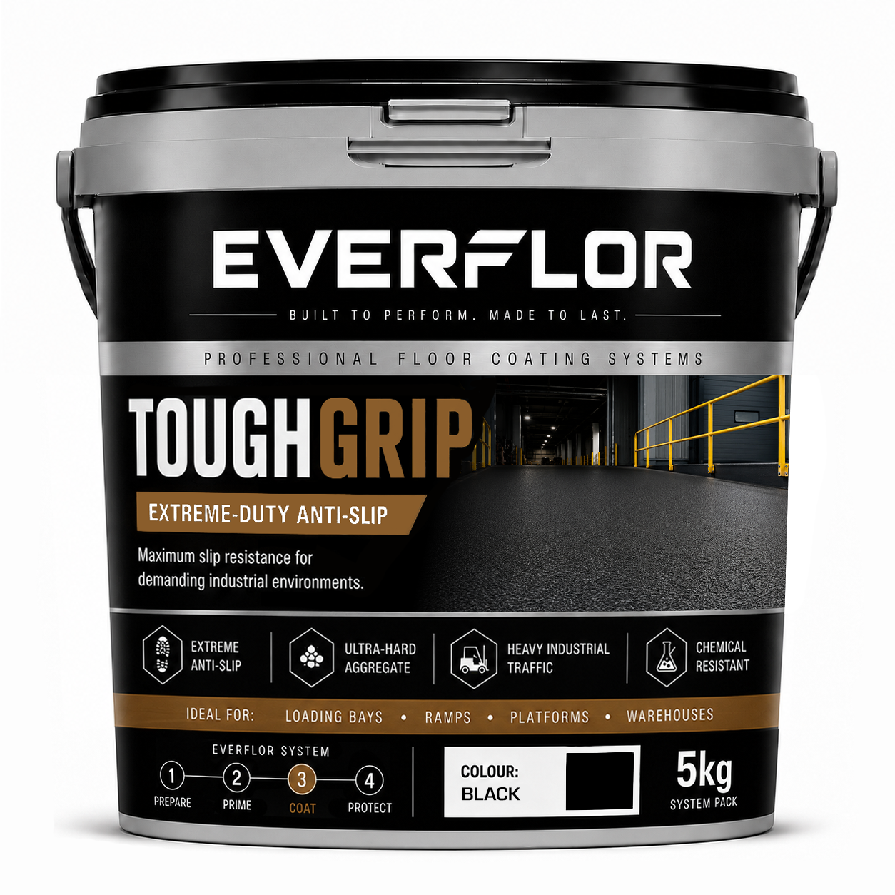 A 5kg bucket of Everflor Tough Grip anti-slip floor coating, shown on a clean white background. The bucket is black with a silver lid and features a label with a dark floor graphic, yellow safety railings, and white and gold text.