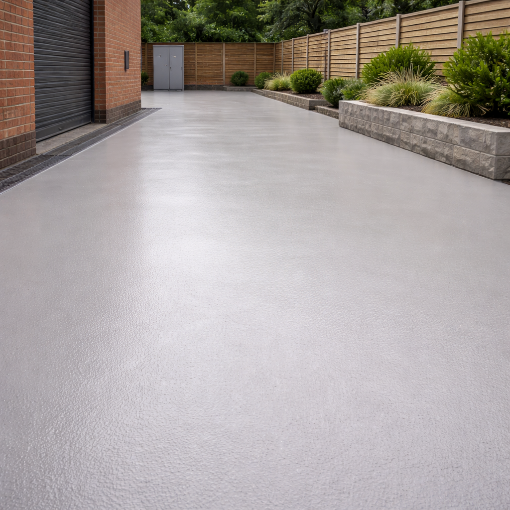 Concrete driveway leading to a garage with a wooden fence and plants in the background