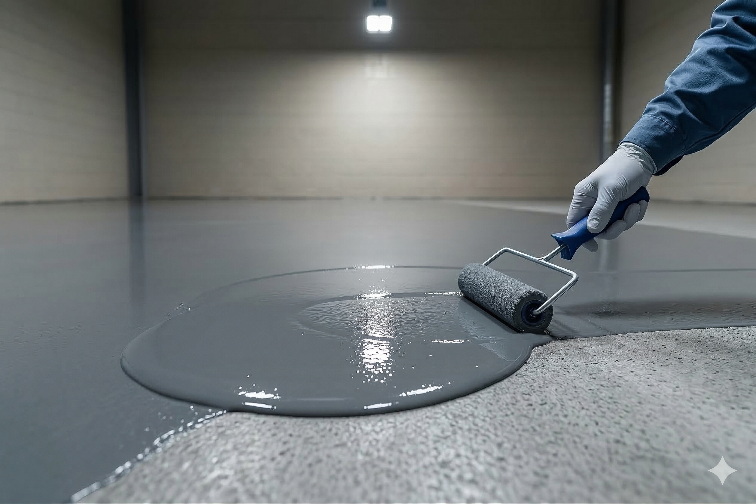 Person applying gray paint to a floor using a roller