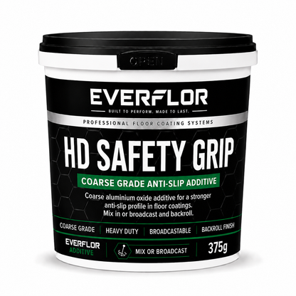 A 375g bucket of Everflor HD Safety Grip Coarse Grade Anti-Slip Additive, featuring a black and white label with green accents, on a white background.