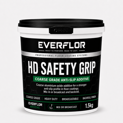 A 1.5kg bucket of Everflor HD Safety Grip Coarse Grade Anti-Slip Additive, featuring a black and white label with green accents, on a light gray background.