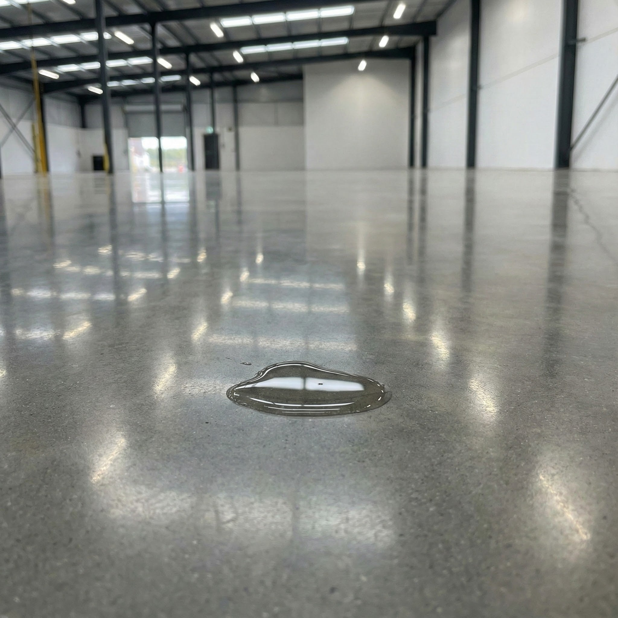 Polished concrete floor in a large industrial warehouse.