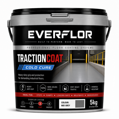 A 5kg bucket of Everflor TractionCoat Cold Cure floor coating, shown on a clean white background. The black bucket features a detailed label with product information, application steps, and a grey color swatch indicating the paint color.