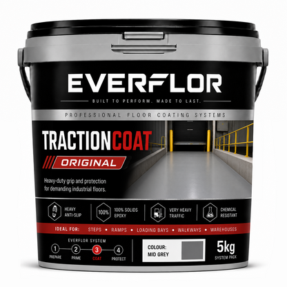 A 5kg bucket of Everflor TractionCoat Original floor coating, shown on a clean white background. The bucket is black with a silver lid and features a label detailing product features, application steps, and a color swatch indicating 'Mid Grey'.